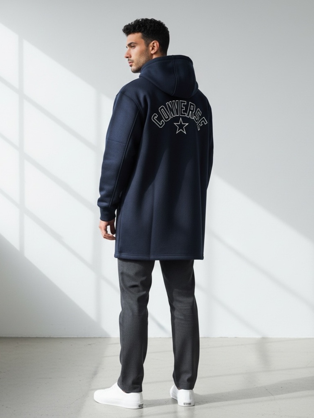 CONVERSE Men’s Wool Blend Hooded Varsity Jacket Navy Size M NEW